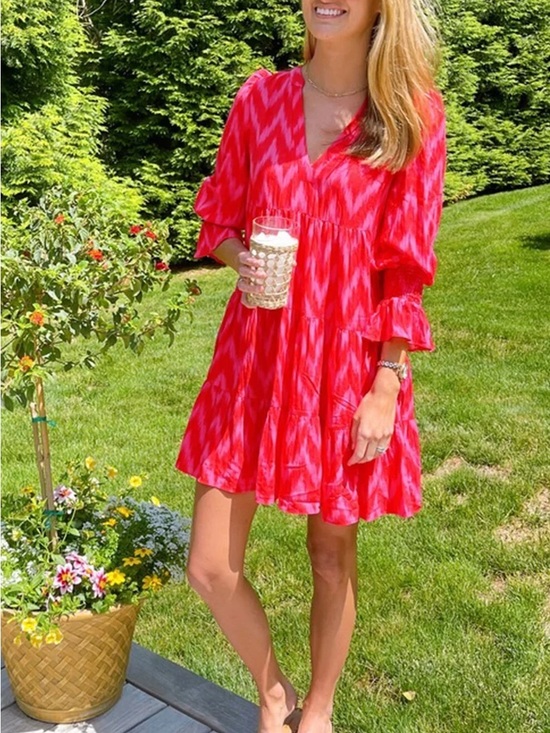 Pomander Place Dresses & Skirts - Tuckernut Pomander Place Hot Pink and Red Ikat V-Neck Tiered Dress